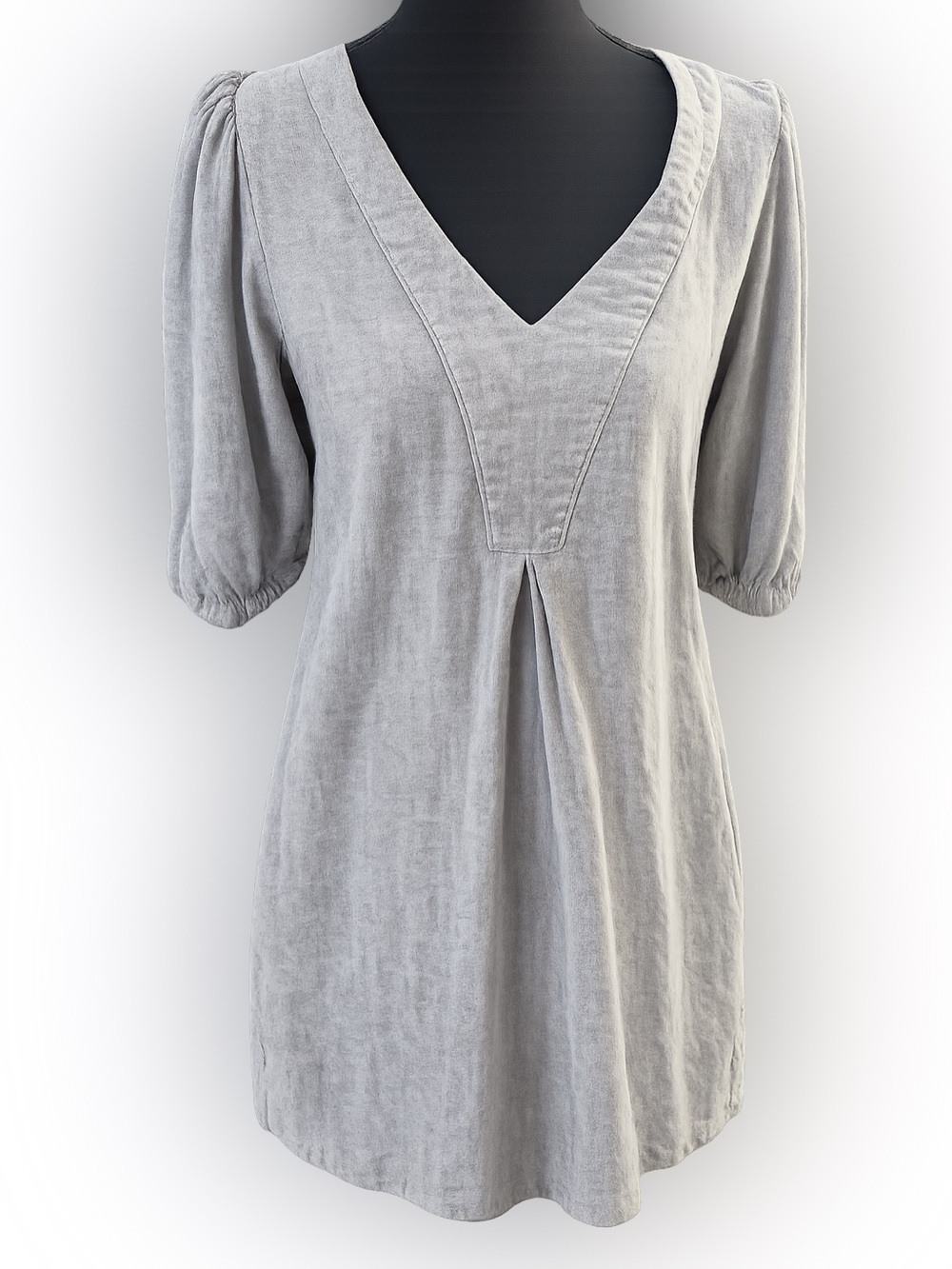 Cynthia Rowley Linen Blend Tunic Top Gray V-Neck Puff Sleeve Boho Casual